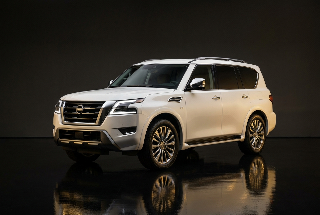 White Nissan Armada Platinum, 3/4 front view