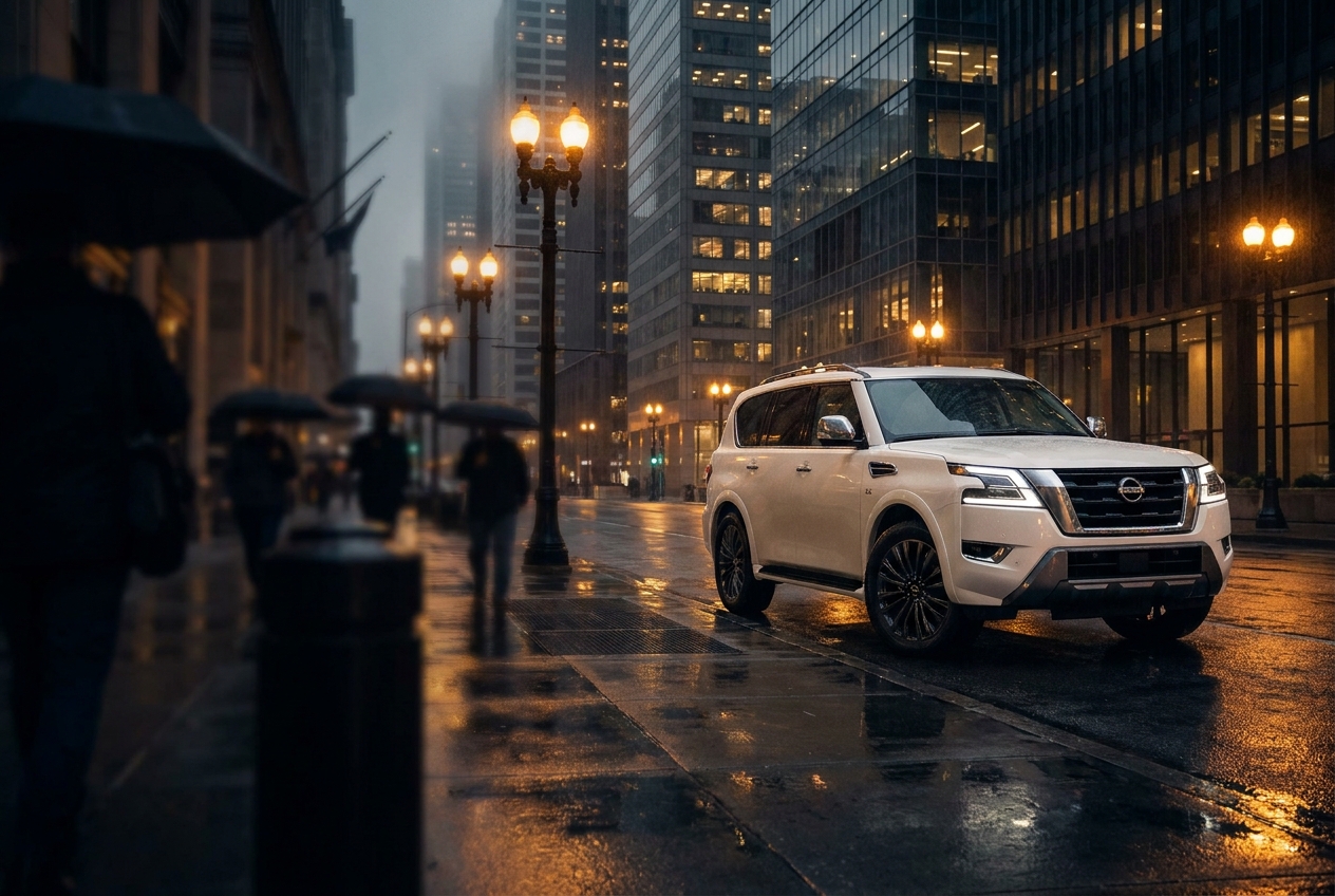 White Nissan Armada Platinum on a city street at dusk